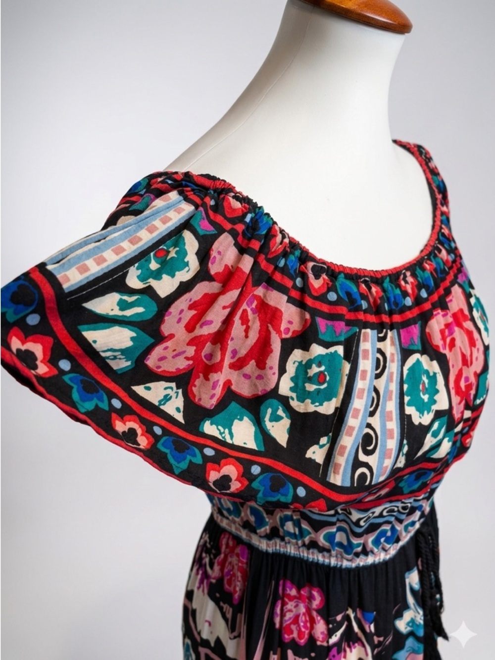 Flying Tomato Bohemian Floral Print Off-the-Shoulder Peacock Maxi Dress Size M - Picture 4 of 7